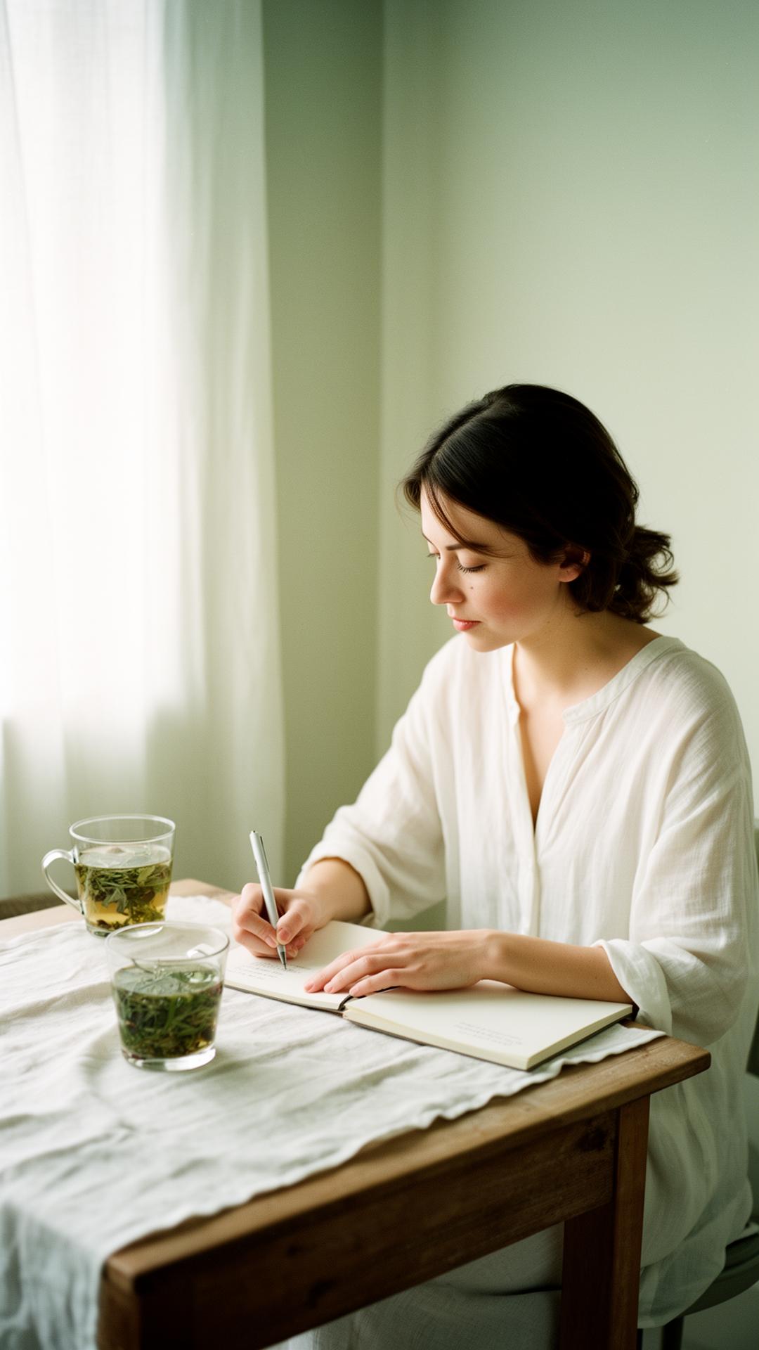 Quiet morning ritual — woman journaling with herbal tea