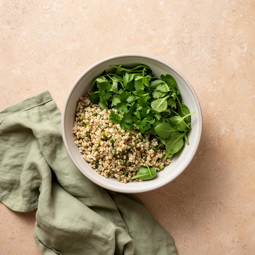 Wholesome bowl of grains and herbs on warm stone