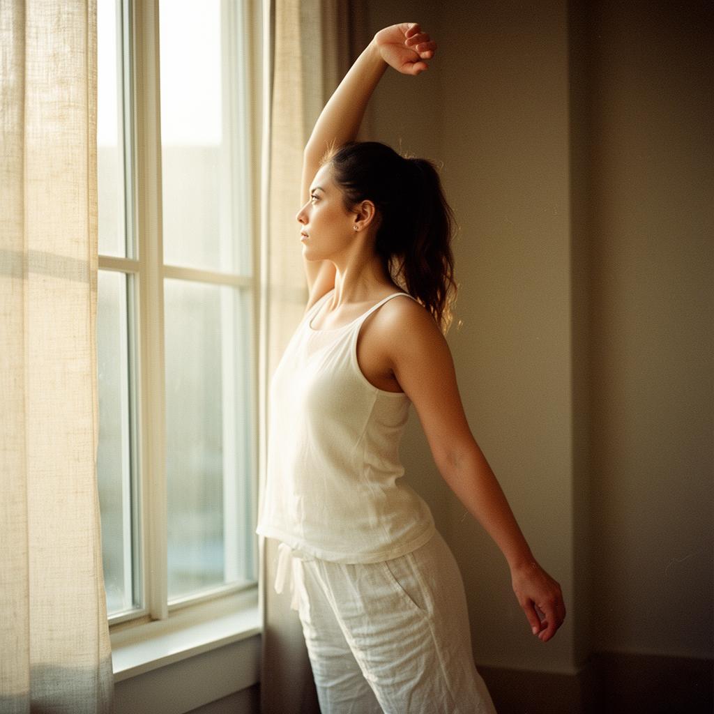 Woman stretching by a window in soft light